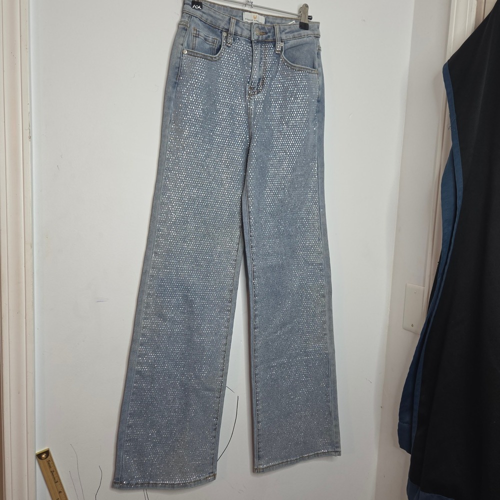 Austin Landing Rhinestone Embellished Wide Leg Jeans Light Wash Blue Size 3